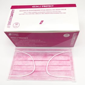 50 Stück Gesichtsmaske medizinisch 3-lagig rosa Vlies Nasenbügel Ohrschlaufen